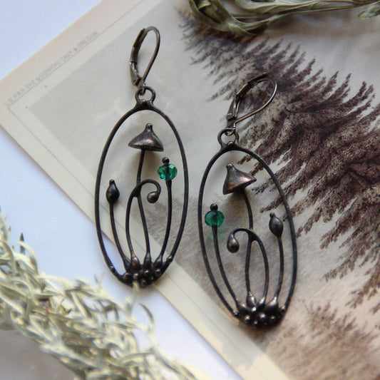 Faceted Green Glass Mushroom Oval Earrings – Blackened Copper