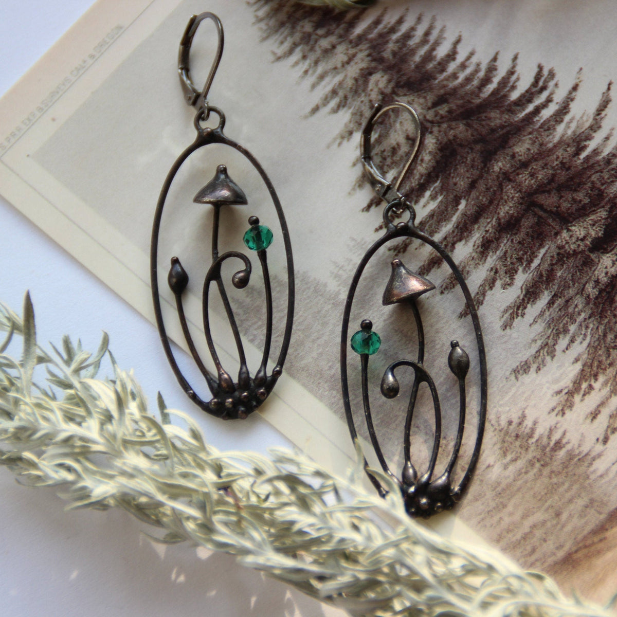 Faceted Green Glass Mushroom Oval Earrings – Blackened Copper