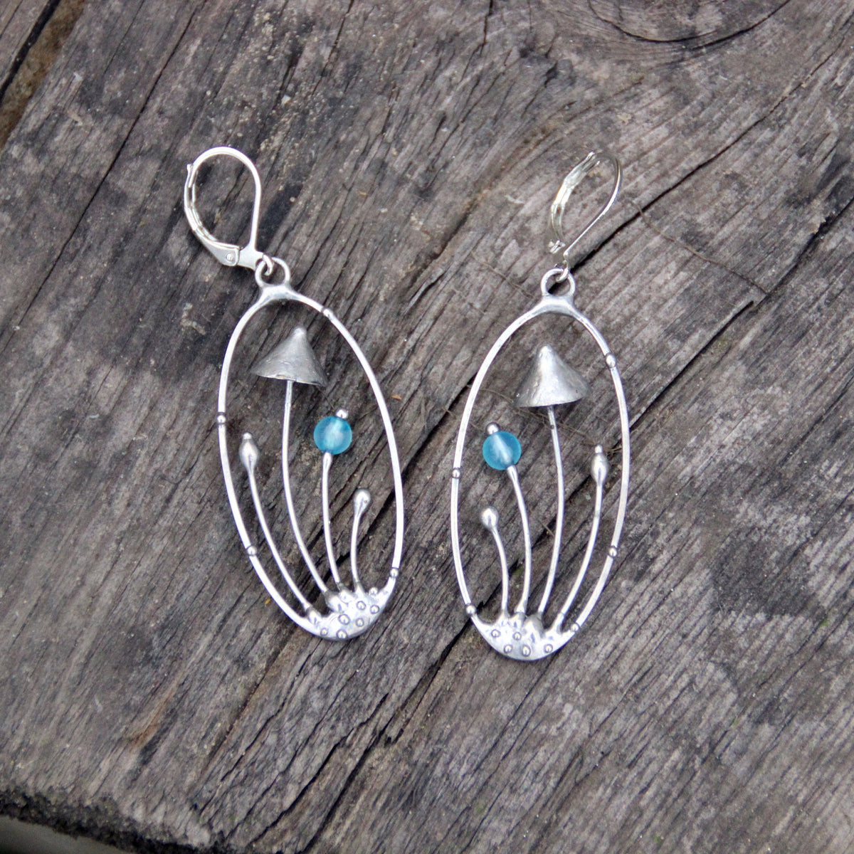 Blue Glass Mushroom Earrings – Silver Tone