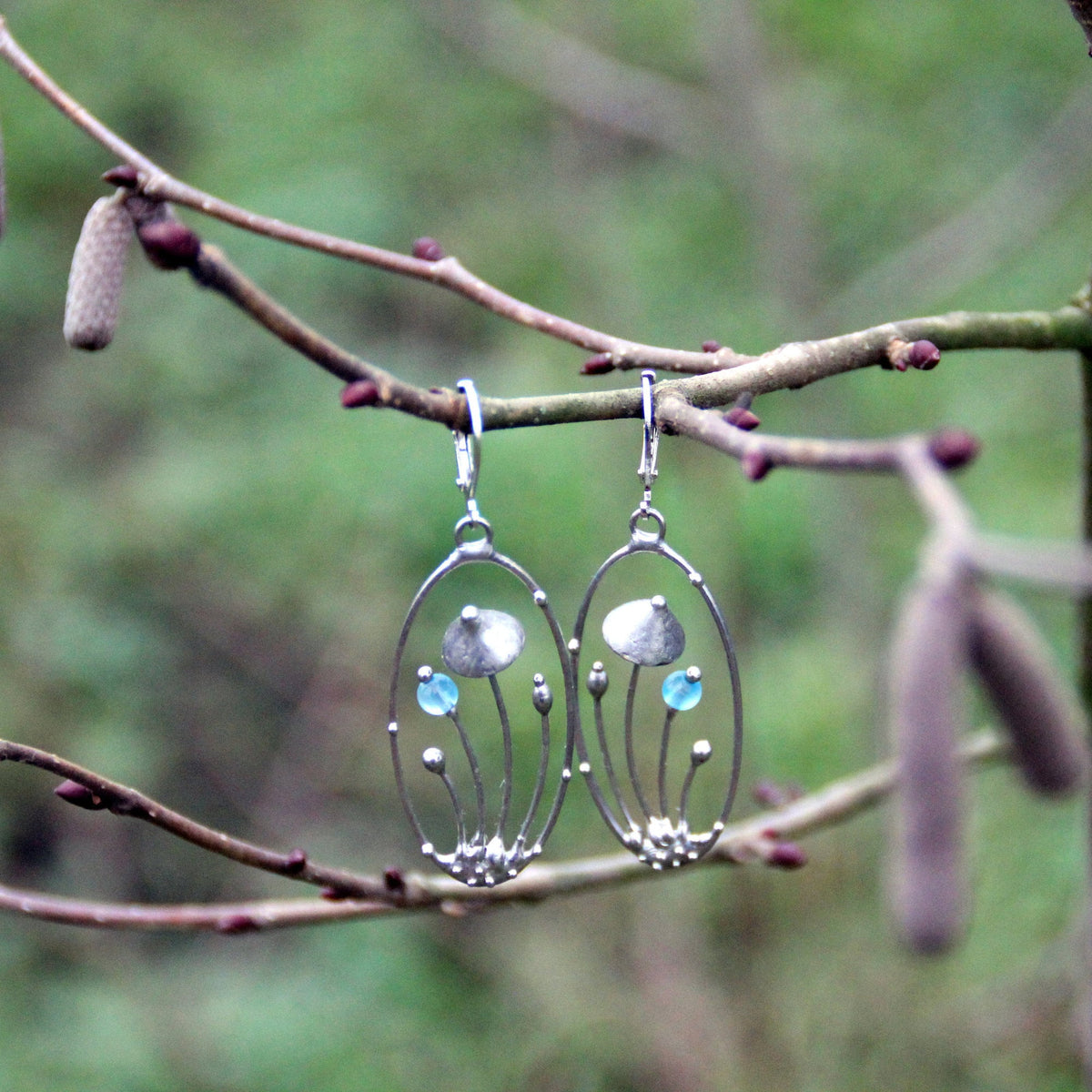 Blue Glass Mushroom Earrings – Silver Tone