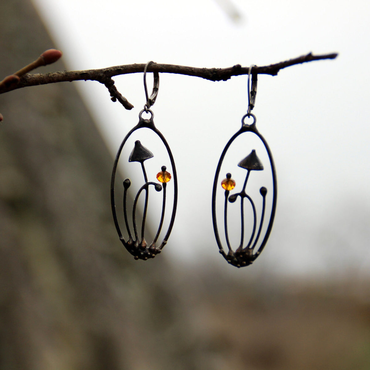 Yellow Glass Mushroom Earrings – Blackened Copper