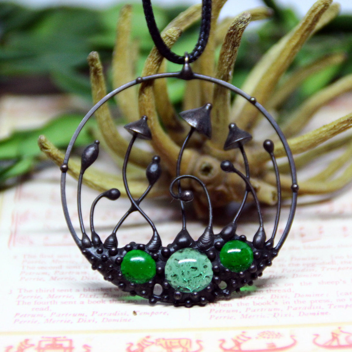 Green Glass Mushroom Necklace – Blackened Copper Round Forest Pendant – Botanical