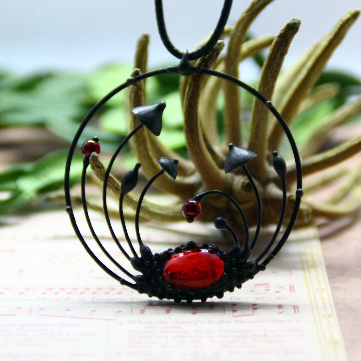 Red Glass Mushroom Necklace – Blackened Copper Round Forest Pendant – Botanical
