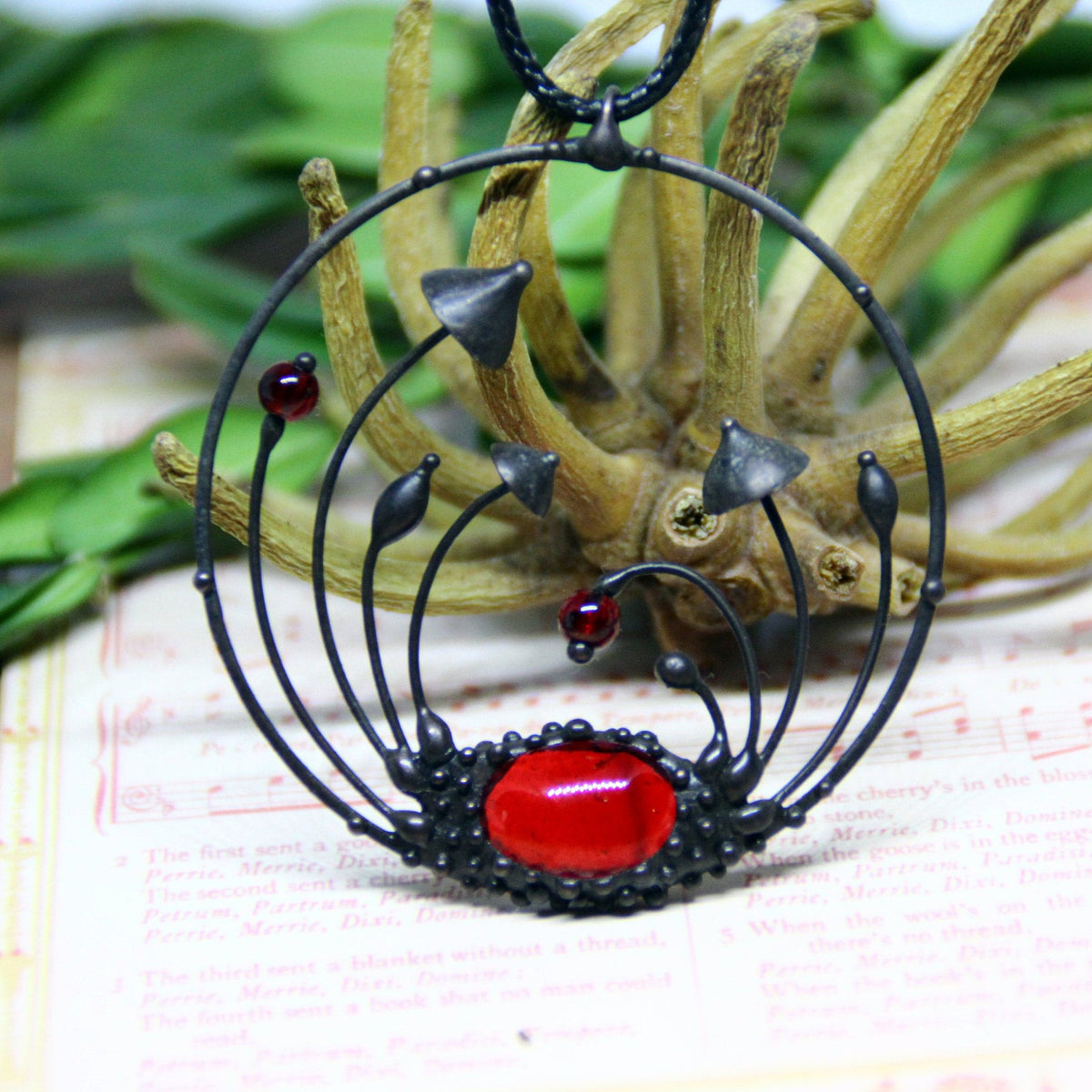 Red Glass Mushroom Necklace – Blackened Copper Round Forest Pendant – Botanical