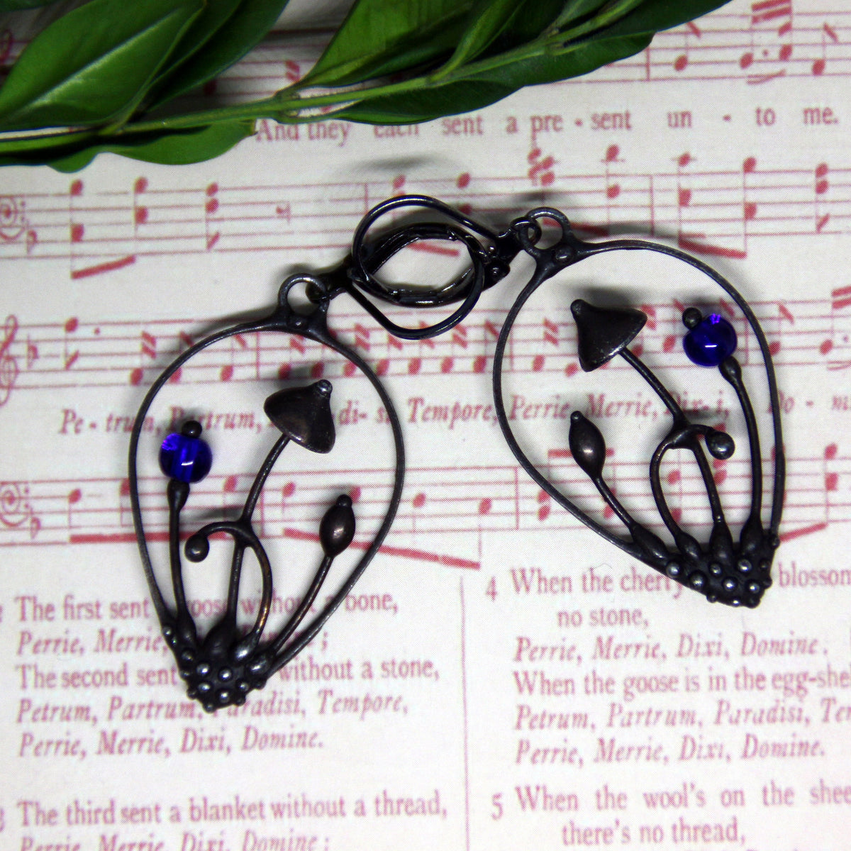 Blue Glass Mushroom Drop Earrings – Blackened Copper