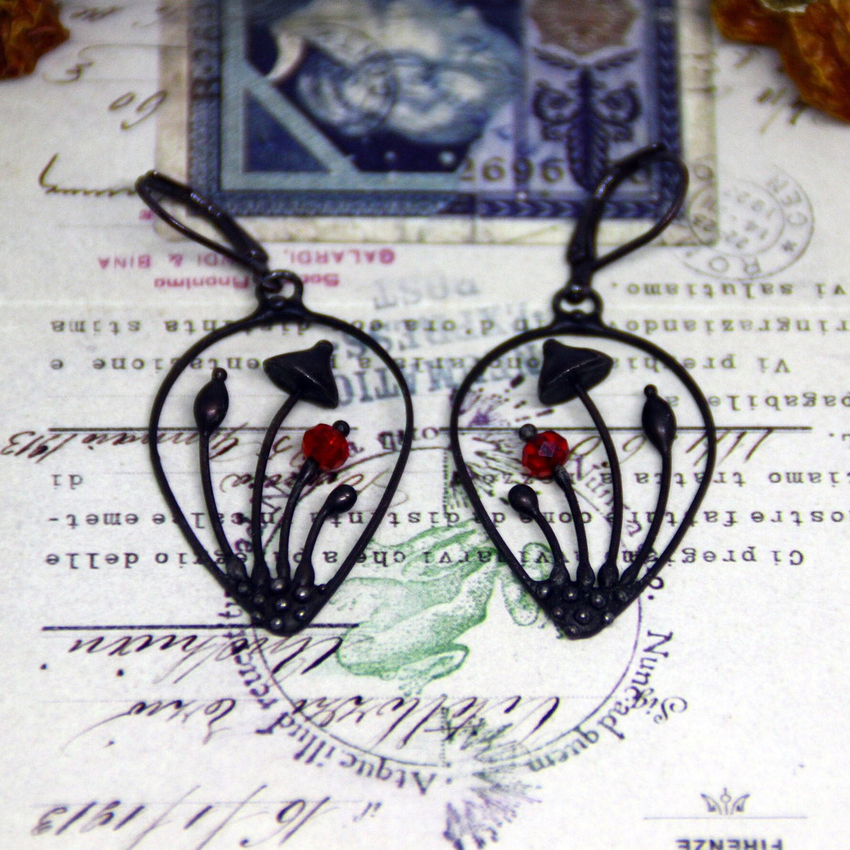 Red Glass Mushroom Drop Earrings – Blackened Copper