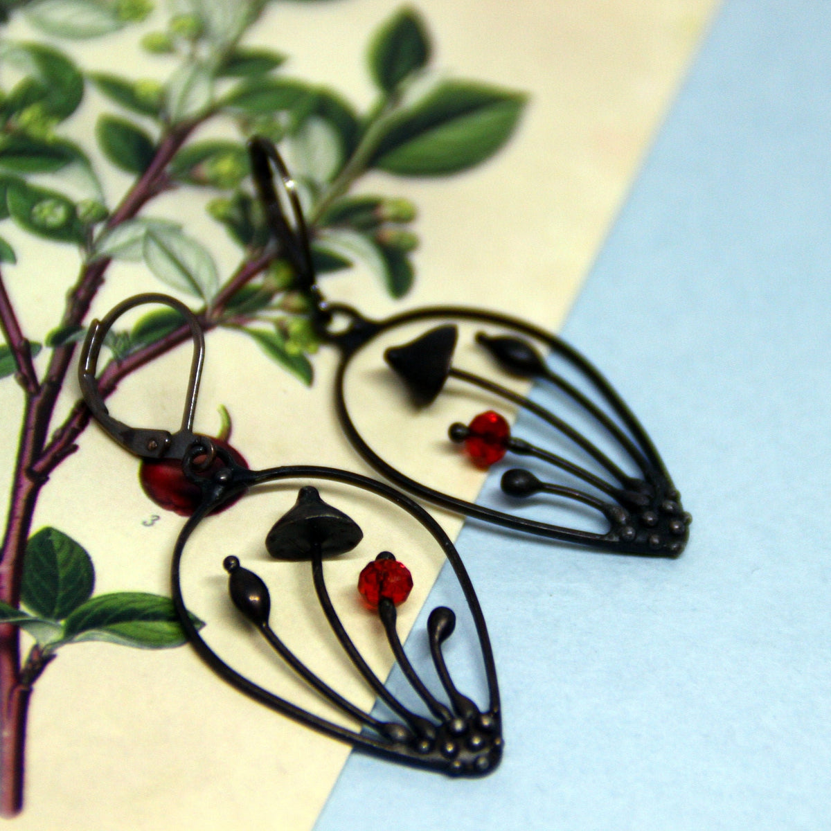 Red Glass Mushroom Drop Earrings – Blackened Copper