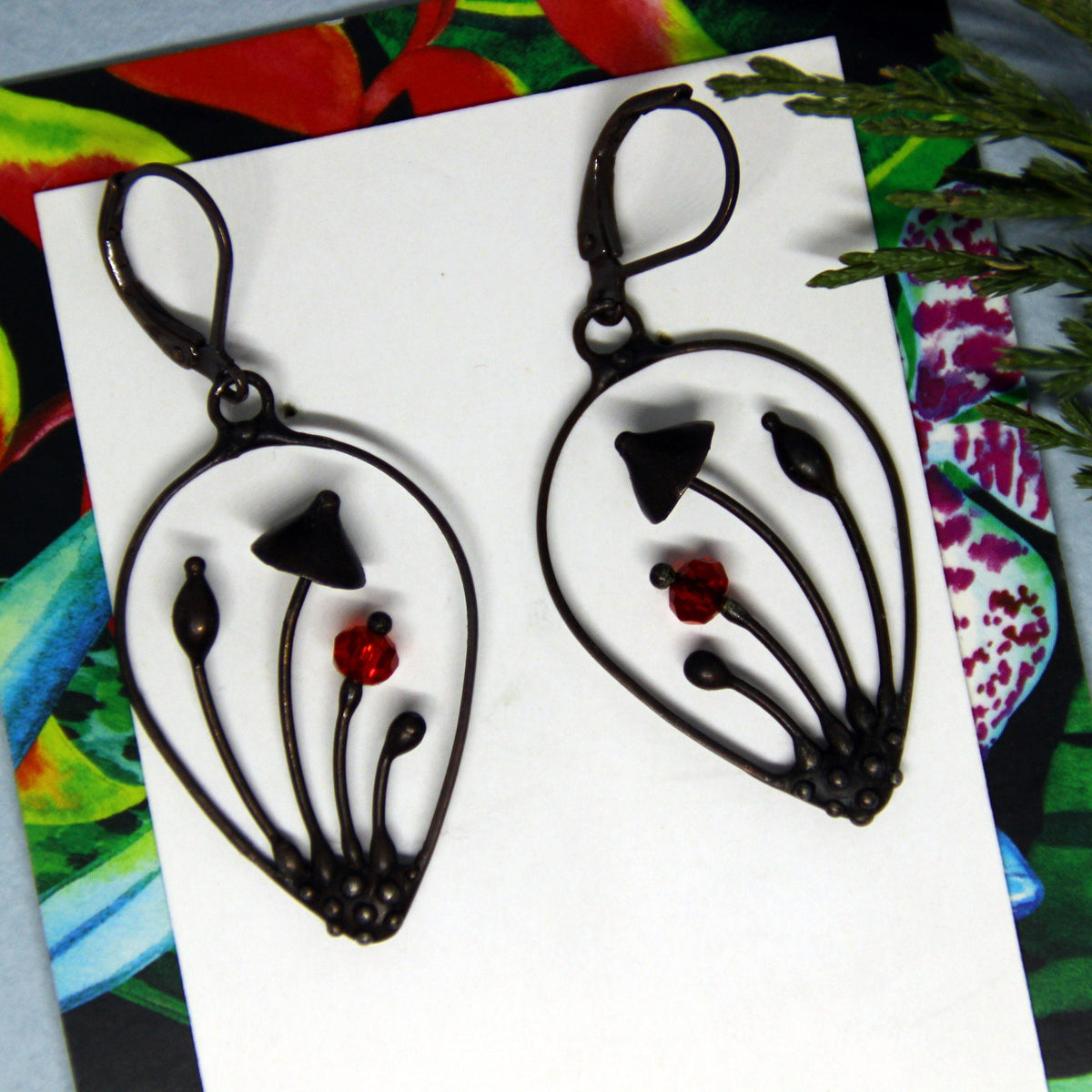 Red Glass Mushroom Drop Earrings – Blackened Copper