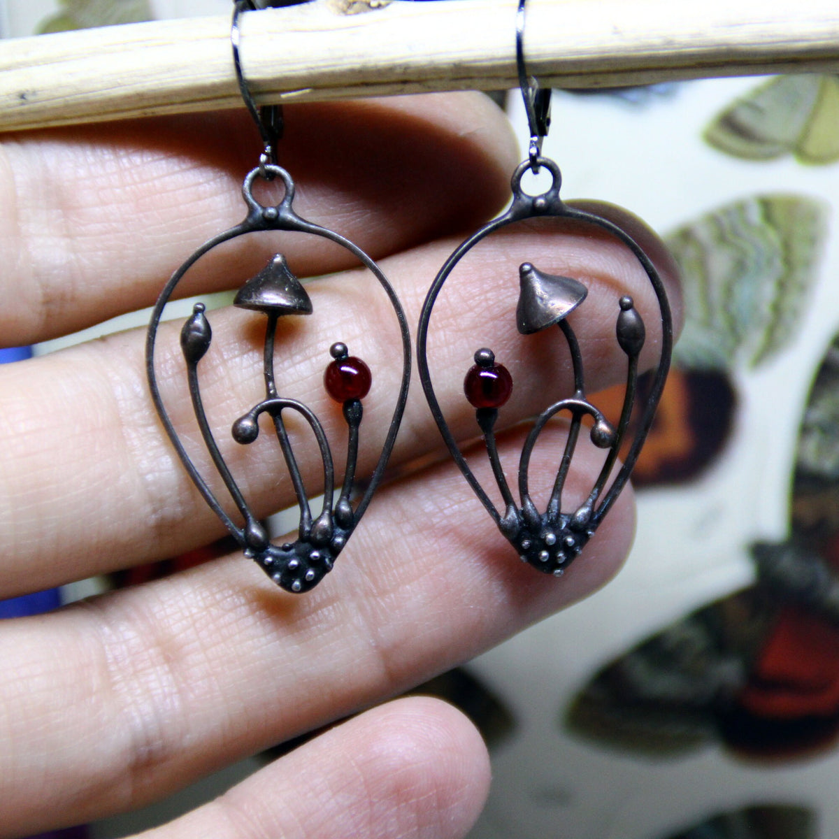 Deep Red Glass Mushroom Teardrop Earrings – Blackened Copper