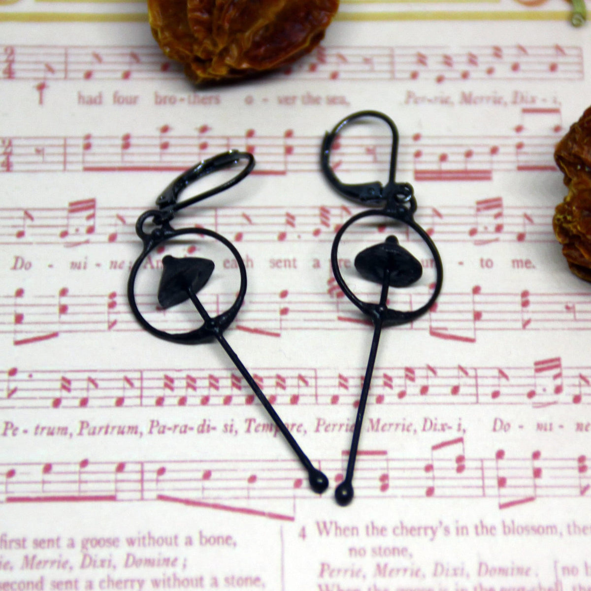 Black Mushroom Earrings – Long Copper & Pewter Forest Dangles – Minimalist Botanical