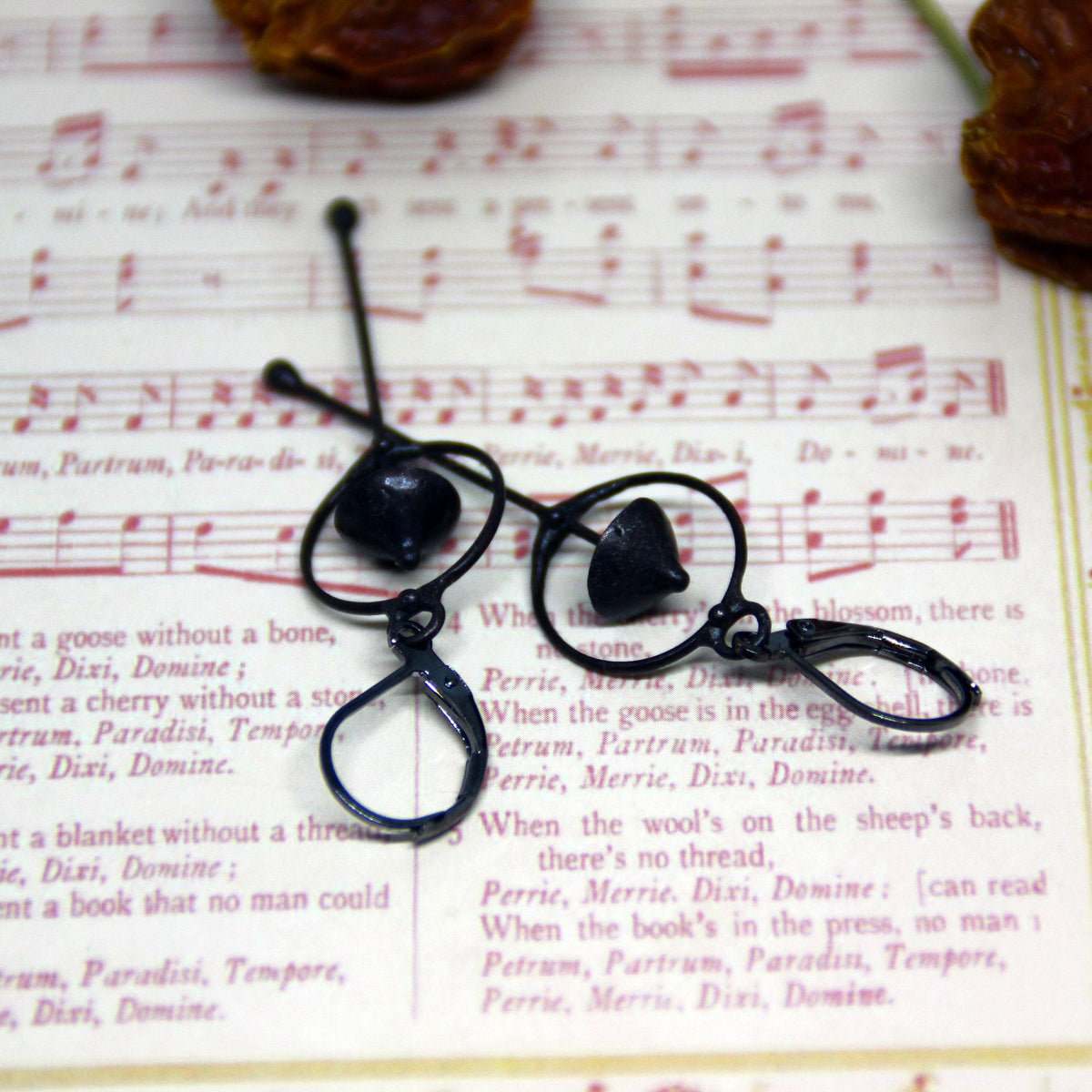 Black Mushroom Earrings – Long Copper & Pewter Forest Dangles – Minimalist Botanical