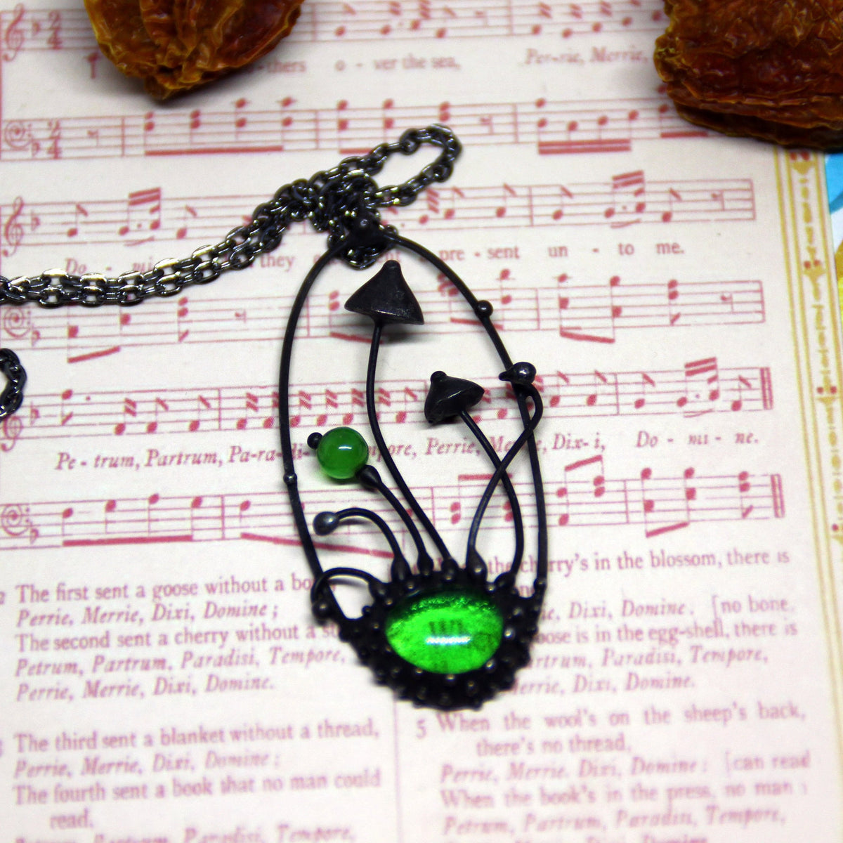 Two Mushroom Green Glass Oval Necklace – Blackened Copper