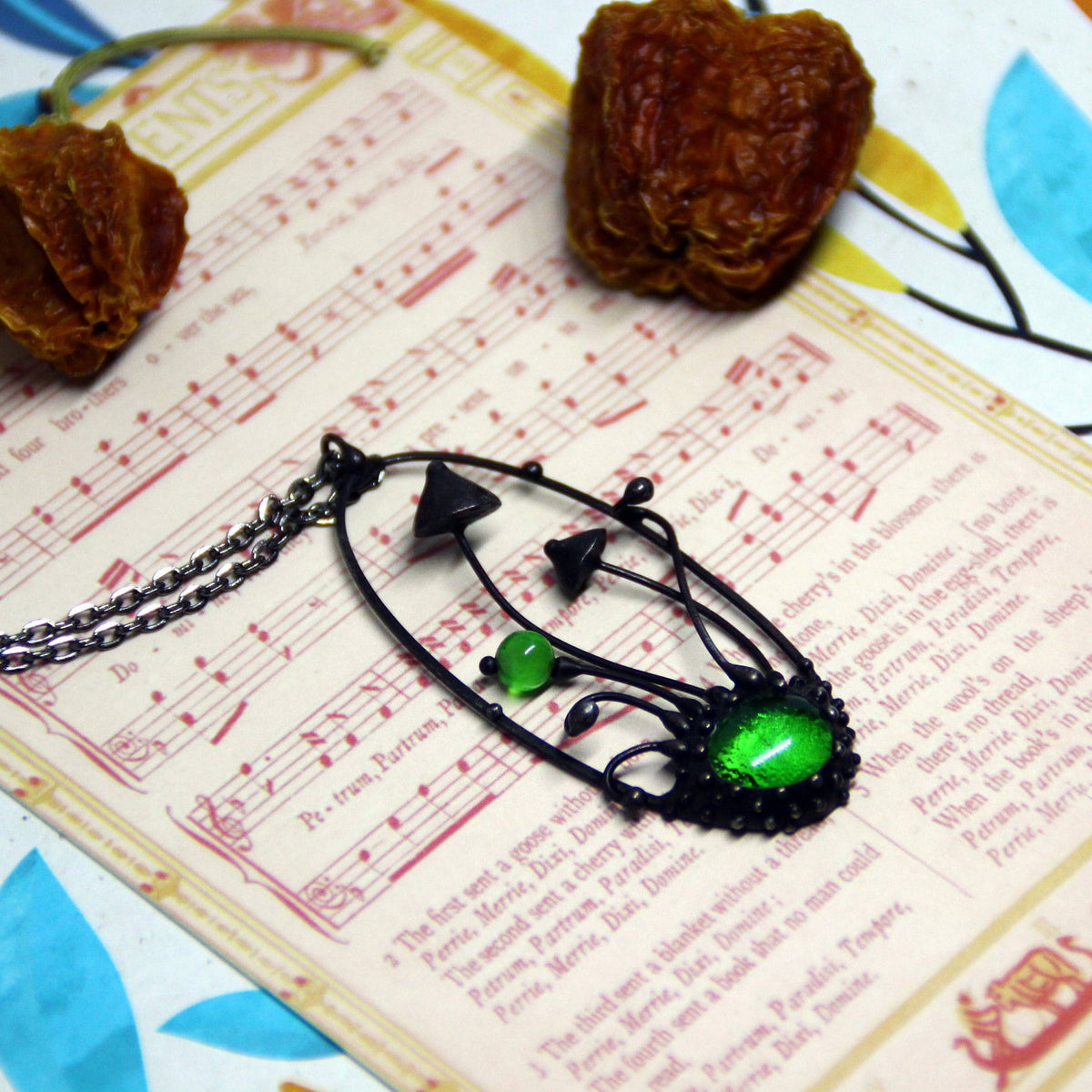Two Mushroom Green Glass Oval Necklace – Blackened Copper