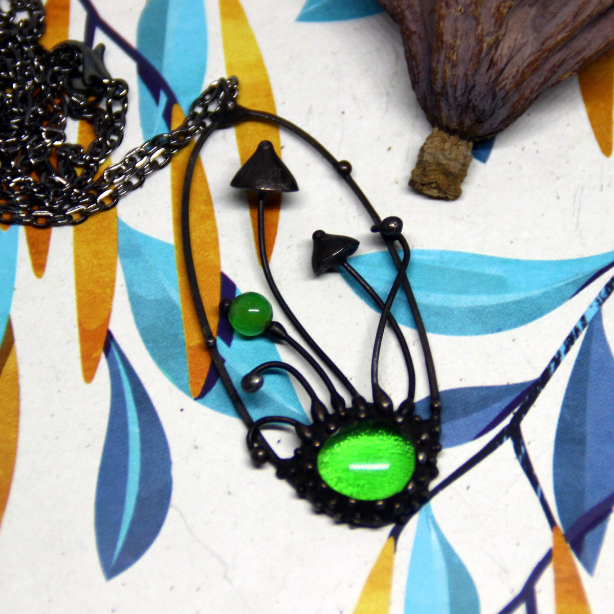 Two Mushroom Green Glass Oval Necklace – Blackened Copper