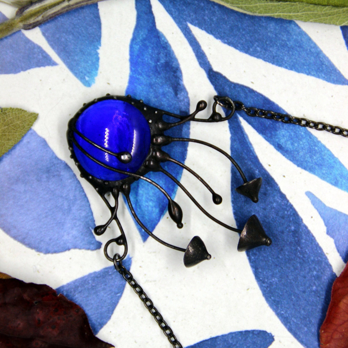 Blue Glass Mushroom Necklace – Blackened Copper Forest Centerpiece – Botanical