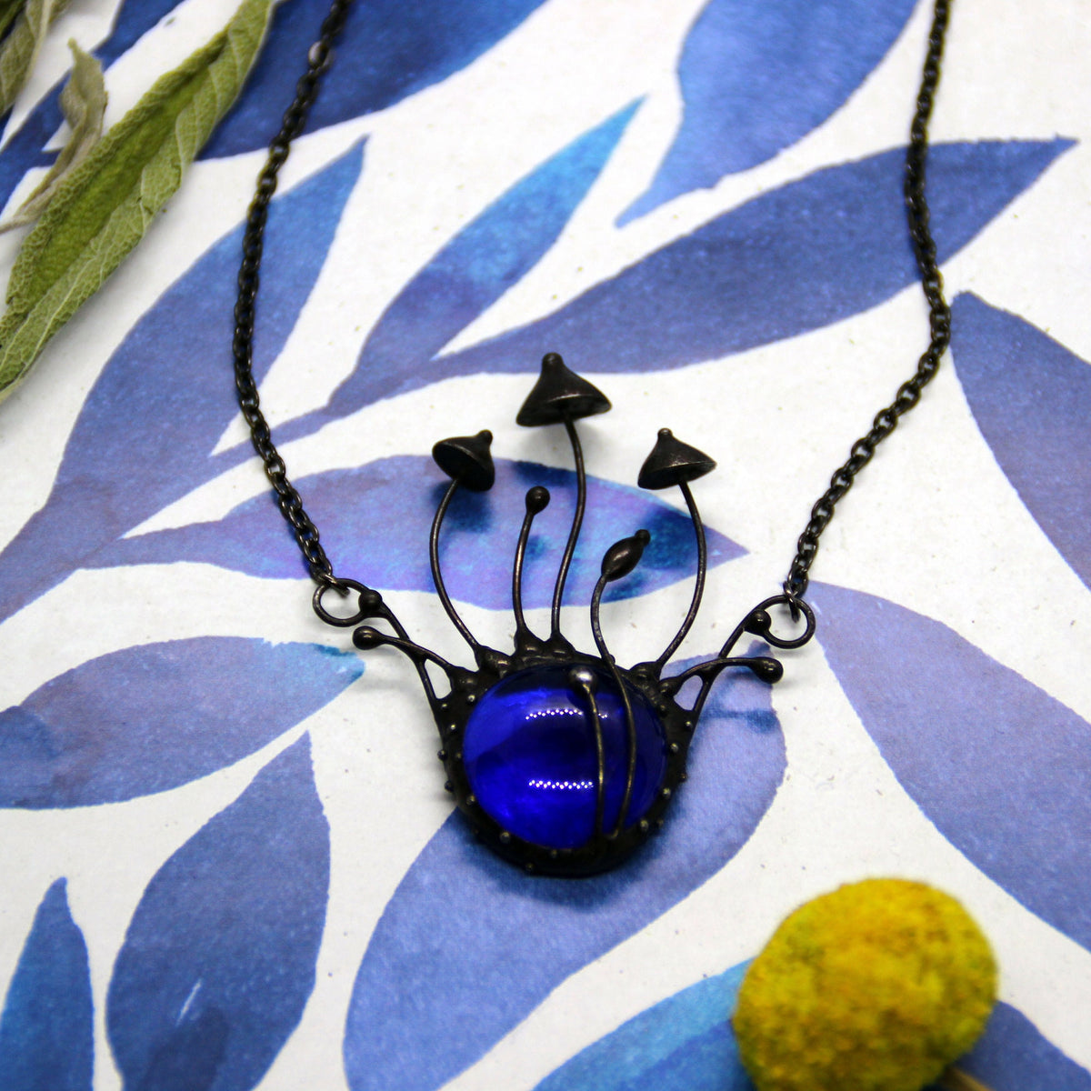 Blue Glass Mushroom Necklace – Blackened Copper Forest Centerpiece – Botanical