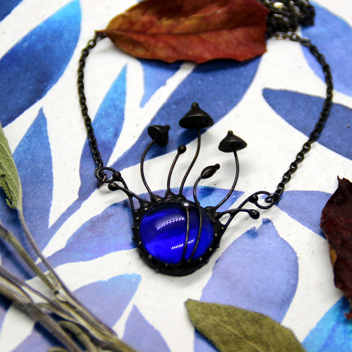 Blue Glass Mushroom Necklace – Blackened Copper Forest Centerpiece – Botanical