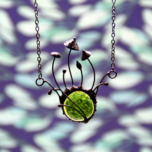 Green Glass Amanita Mushroom Necklace – Blackened Copper Forest – Botanical Statement Necklace