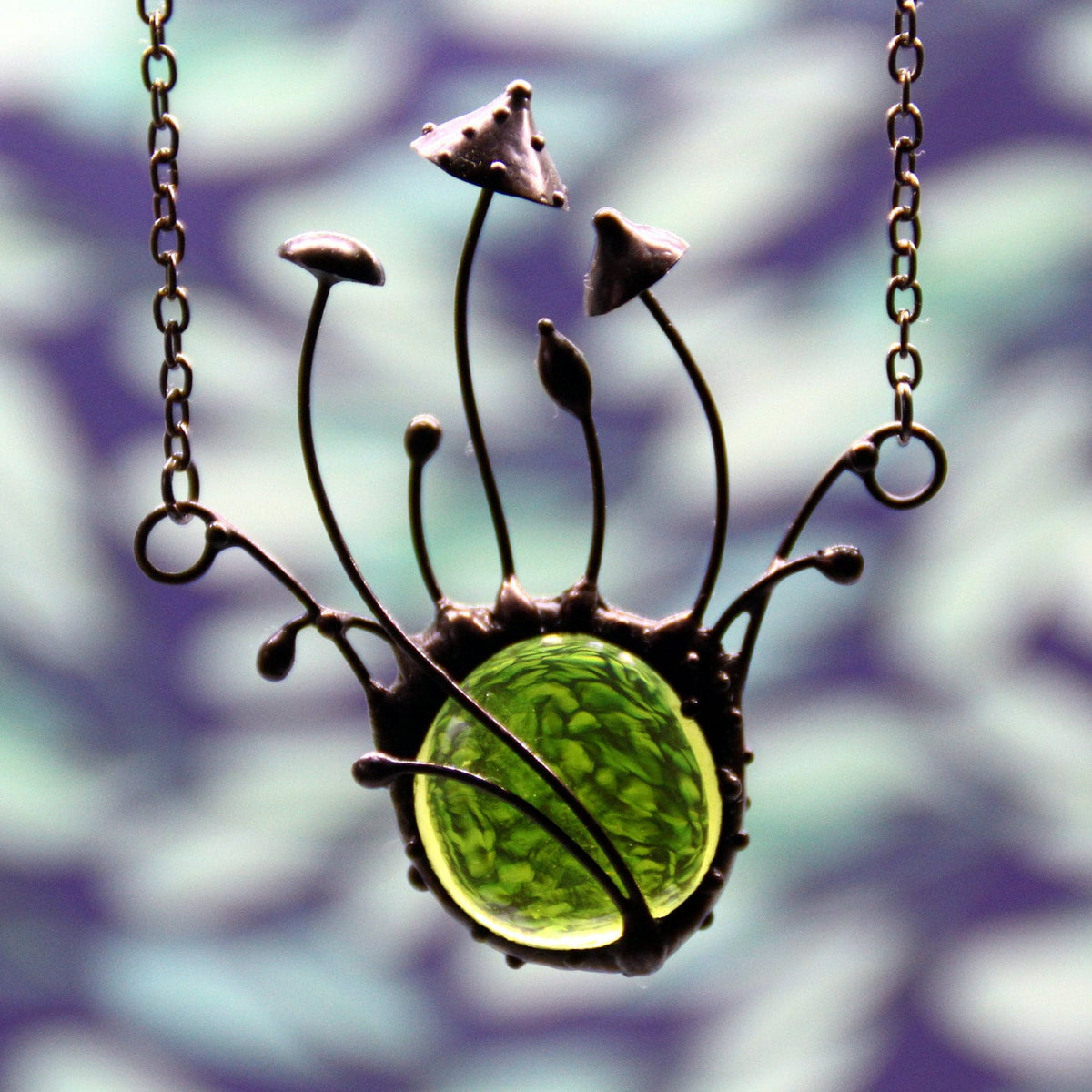 Green Glass Amanita Mushroom Necklace – Blackened Copper Forest – Botanical Statement Necklace
