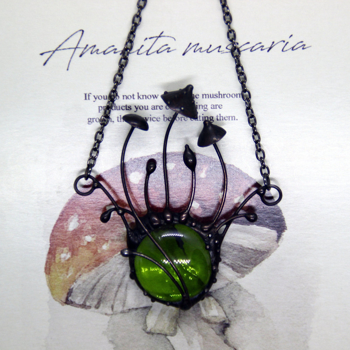 Green Glass Amanita Mushroom Necklace – Blackened Copper Forest – Botanical Statement Necklace