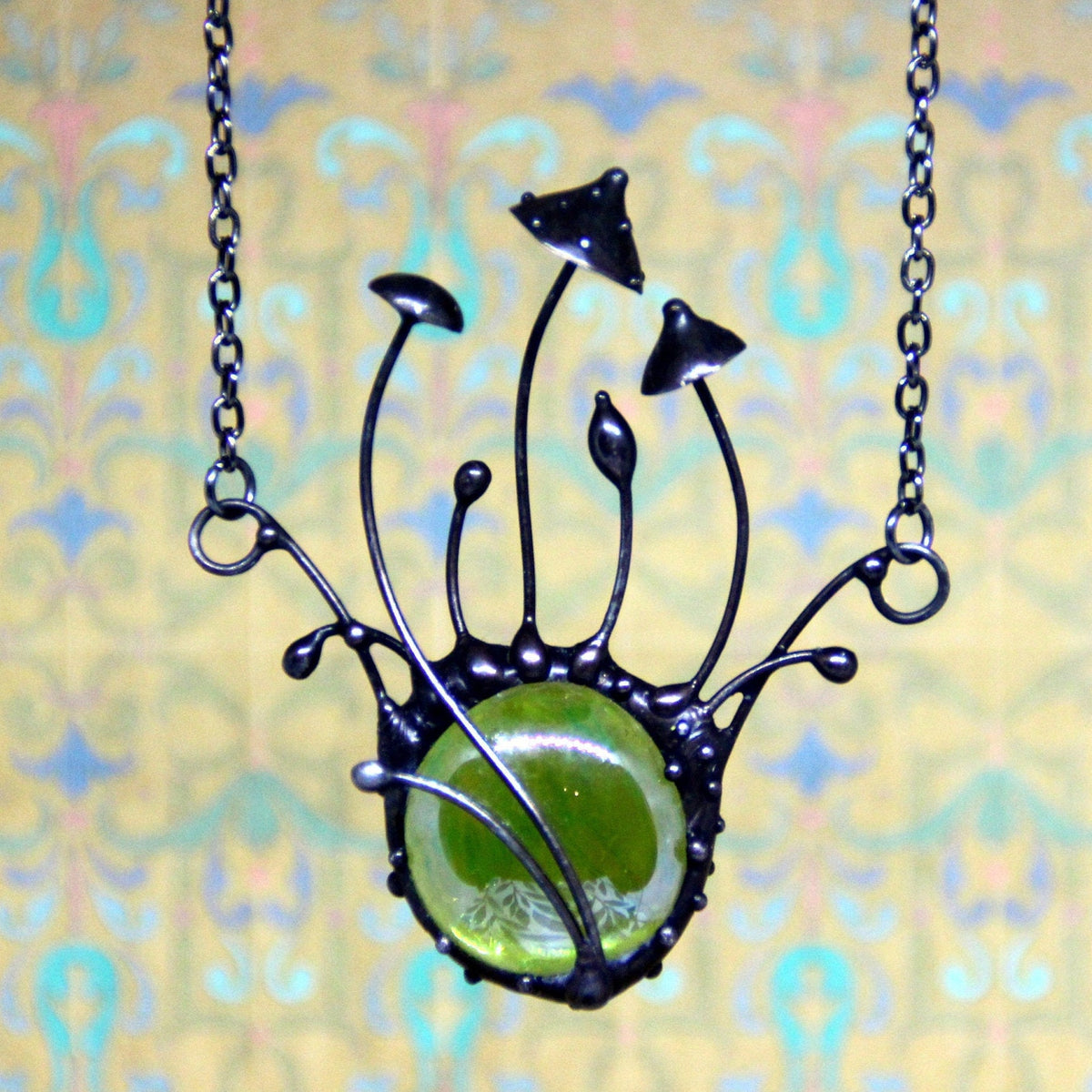 Green Glass Amanita Mushroom Necklace – Blackened Copper Forest – Botanical Statement Necklace