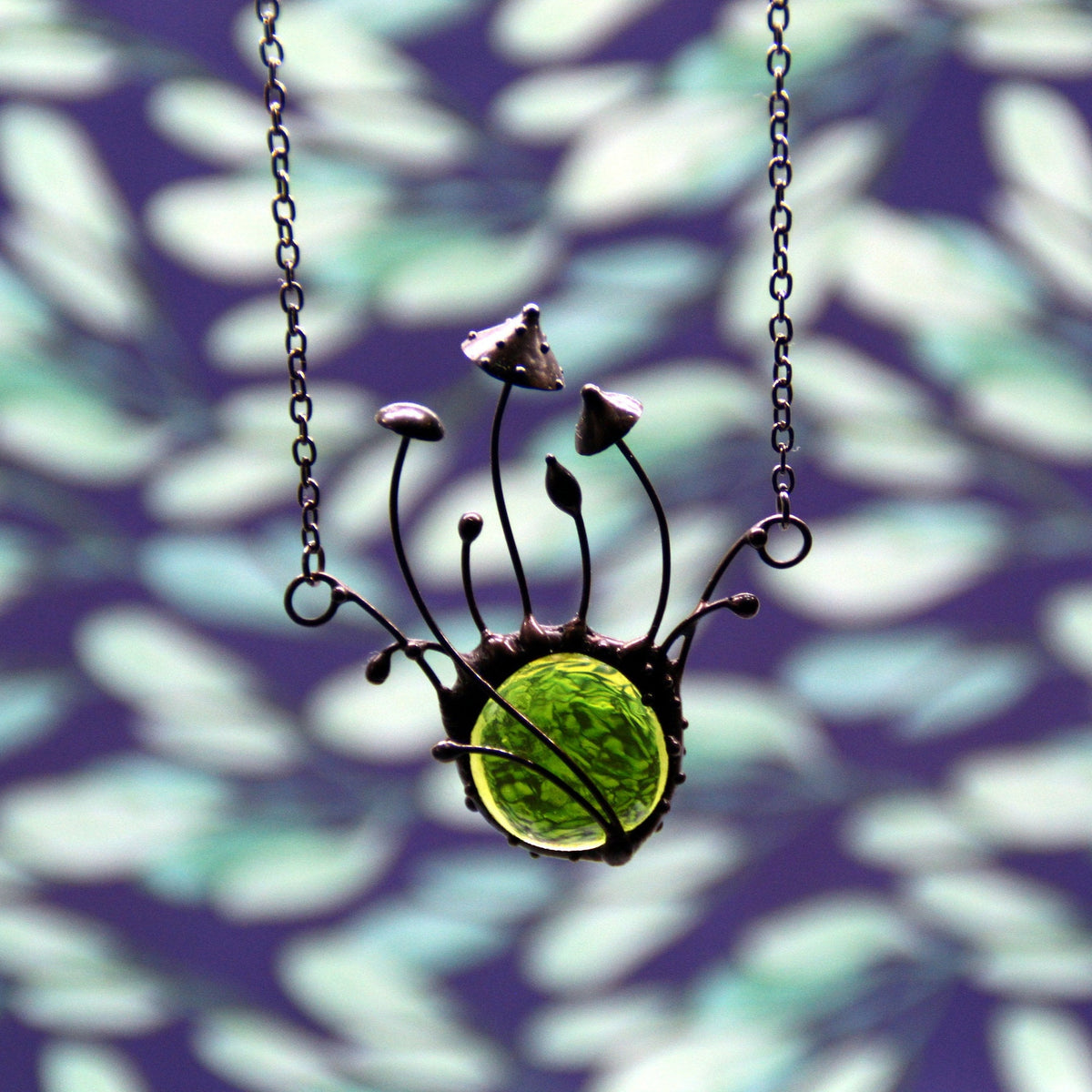 Green Glass Amanita Mushroom Necklace – Blackened Copper Forest – Botanical Statement Necklace