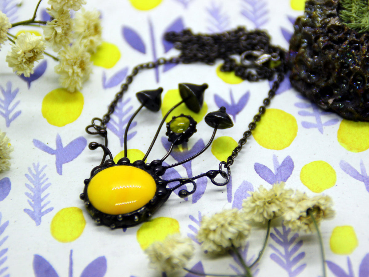 Yellow Glass Mushroom Necklace – Blackened Copper Forest Centerpiece – Psychedelic