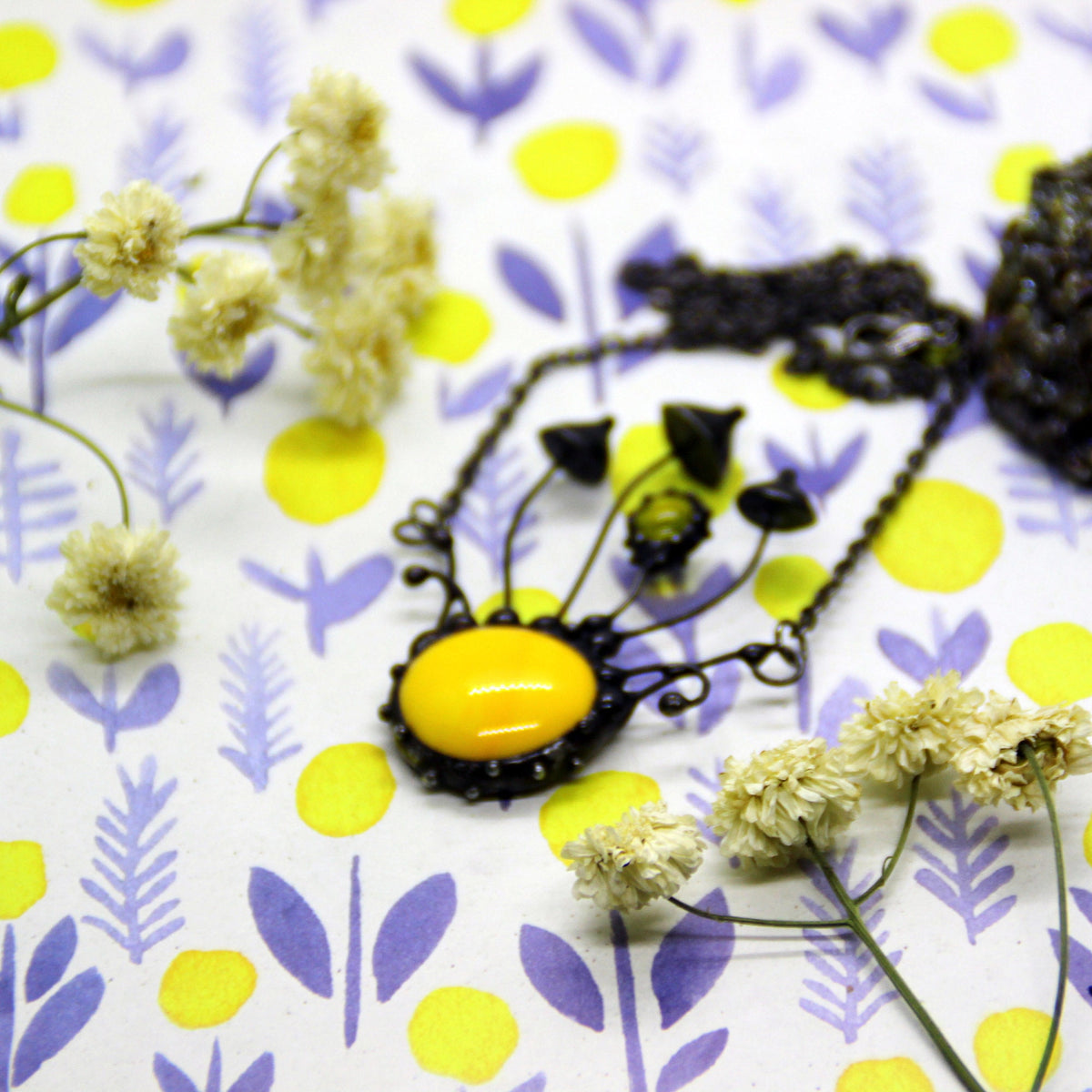 Yellow Glass Mushroom Necklace – Blackened Copper Forest Centerpiece – Psychedelic