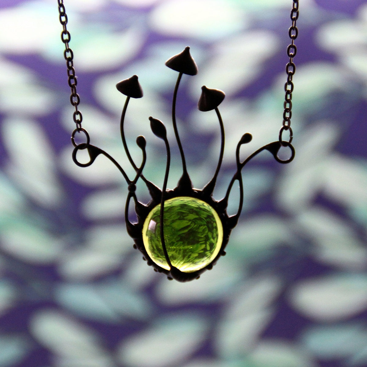 Green Glass Mushroom Necklace – Blackened Copper Forest Centerpiece – Botanical