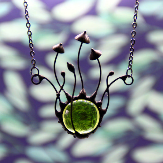 Green Glass Mushroom Necklace – Blackened Copper Forest Centerpiece – Botanical