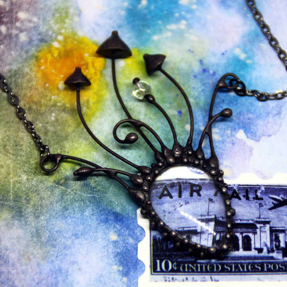 Clear Glass Mushroom Statement Necklace – Blackened Copper