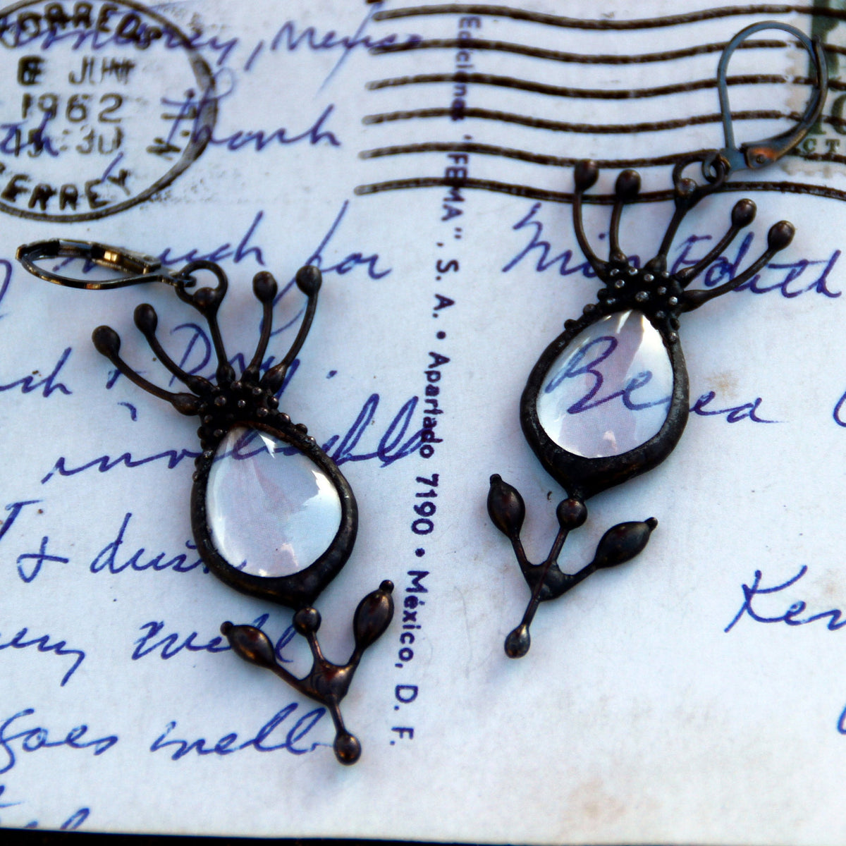 Clear Glass Flower Earrings – Blackened Copper Botanical Dangles – Sculptural