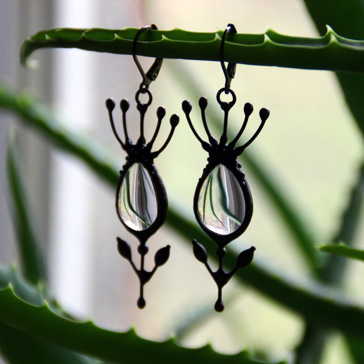 Clear Glass Flower Earrings – Blackened Copper Botanical Dangles – Sculptural
