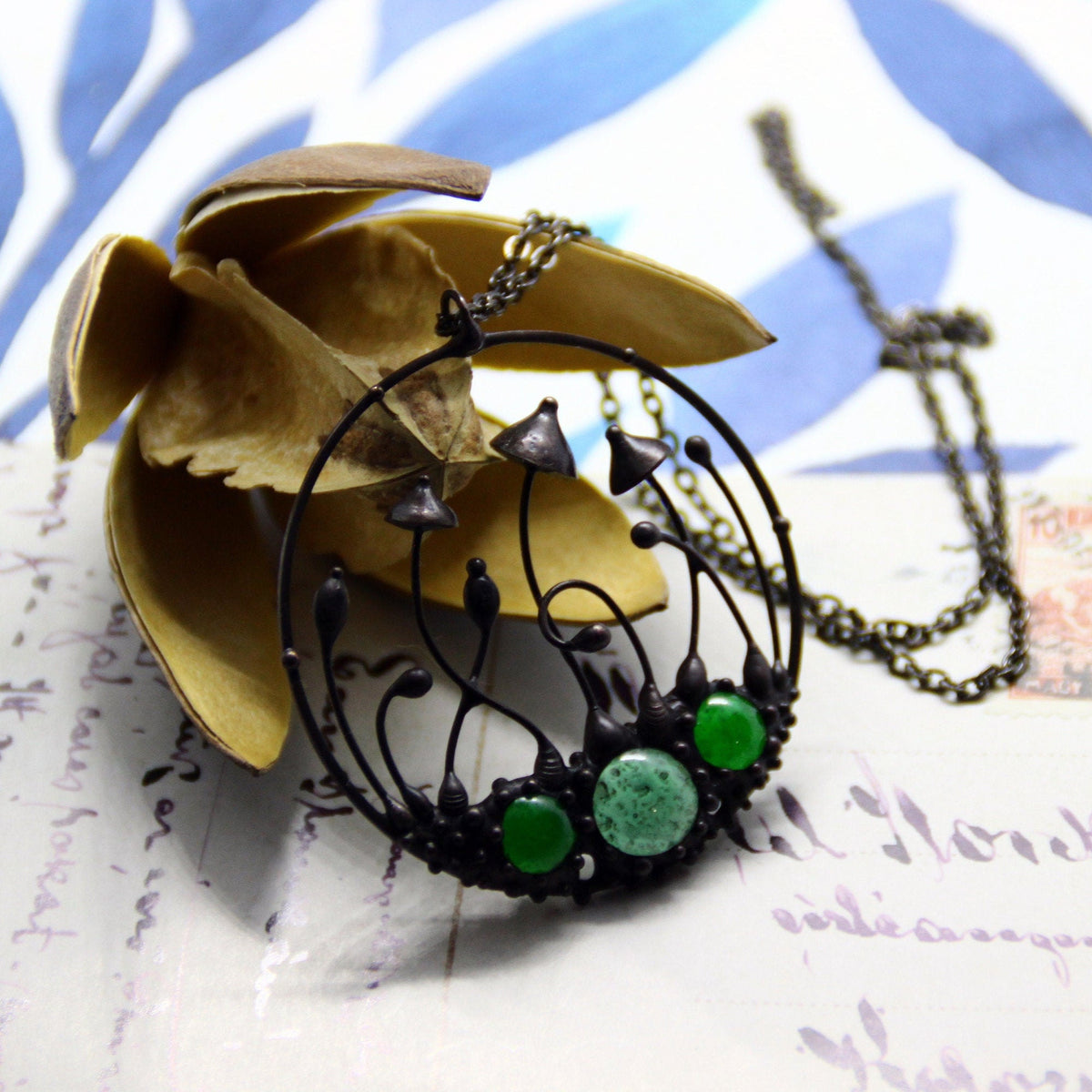 Green Glass Mushroom Necklace – Blackened Copper Round Forest Pendant – Botanical