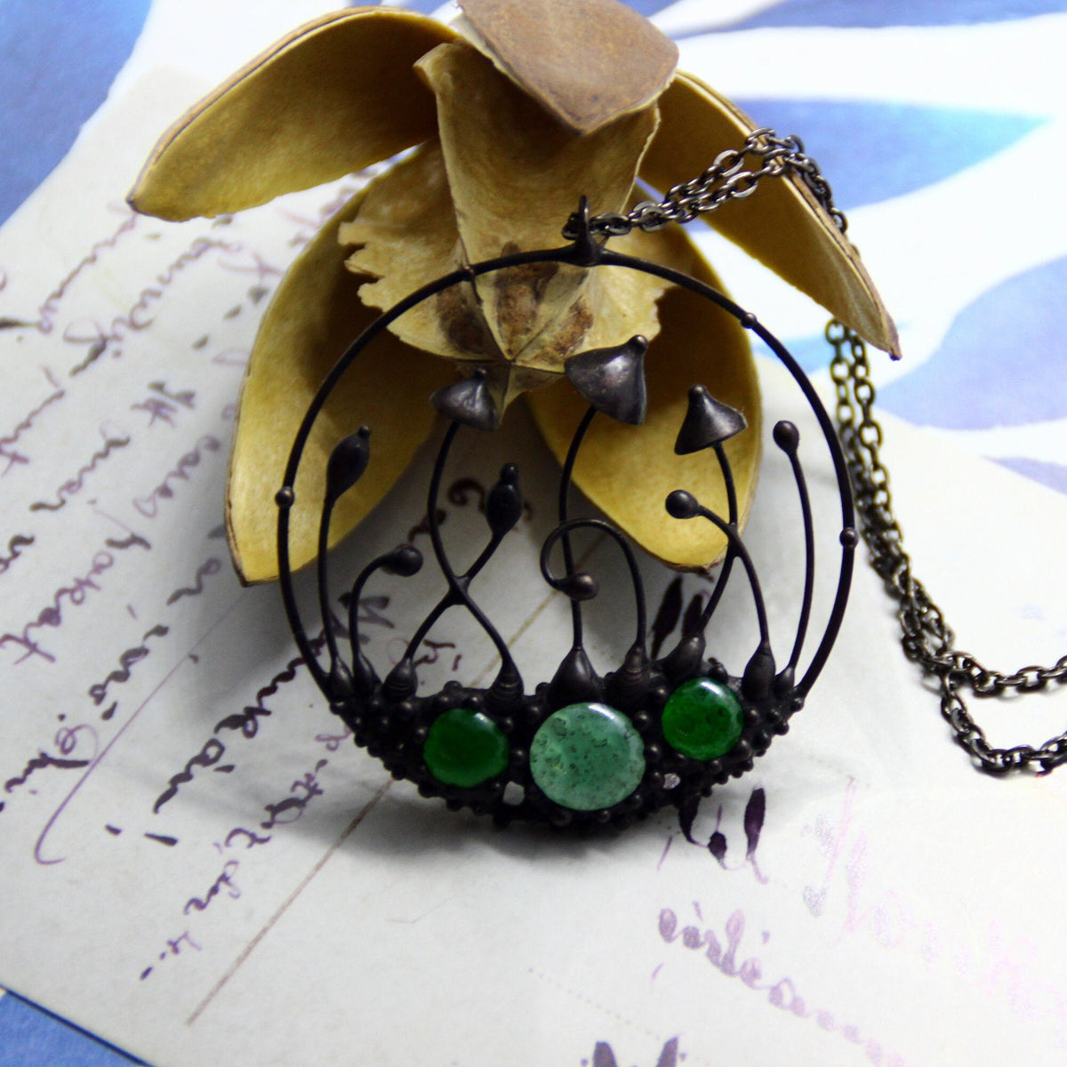 Green Glass Mushroom Necklace – Blackened Copper Round Forest Pendant – Botanical