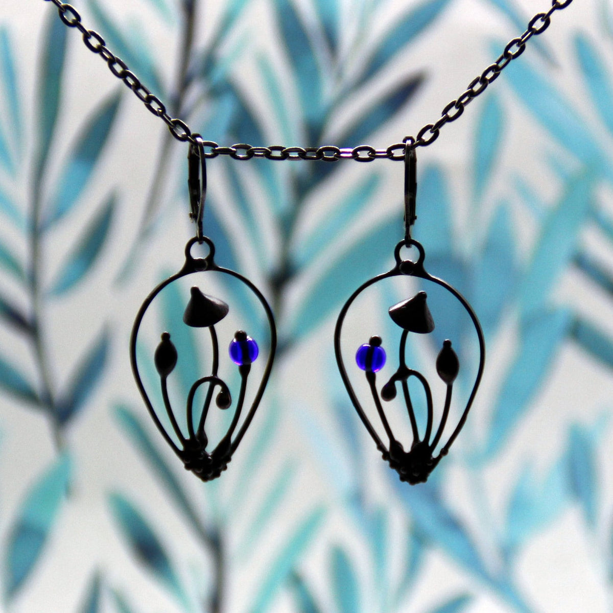 Blue Glass Mushroom Drop Earrings – Blackened Copper