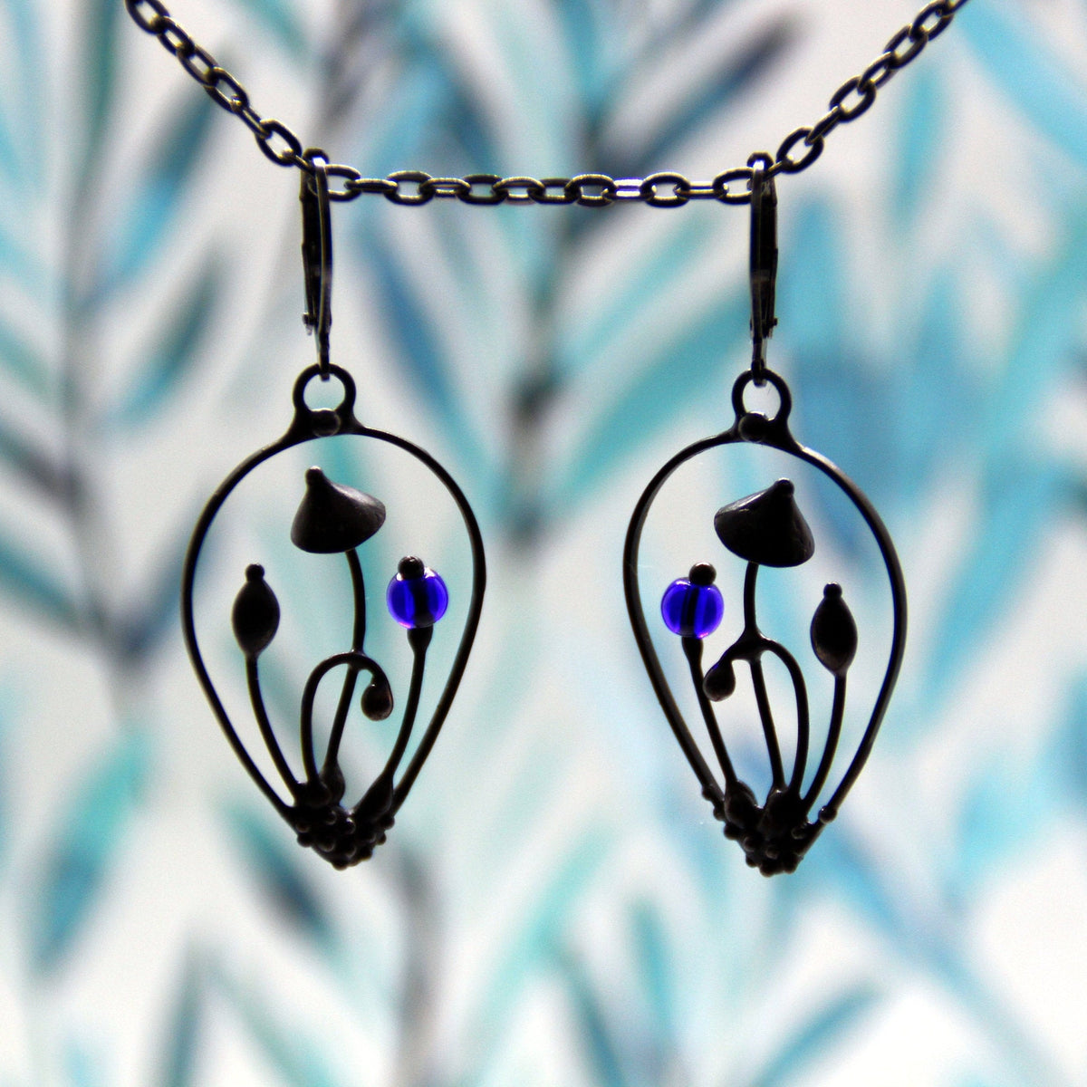 Blue Glass Mushroom Drop Earrings – Blackened Copper