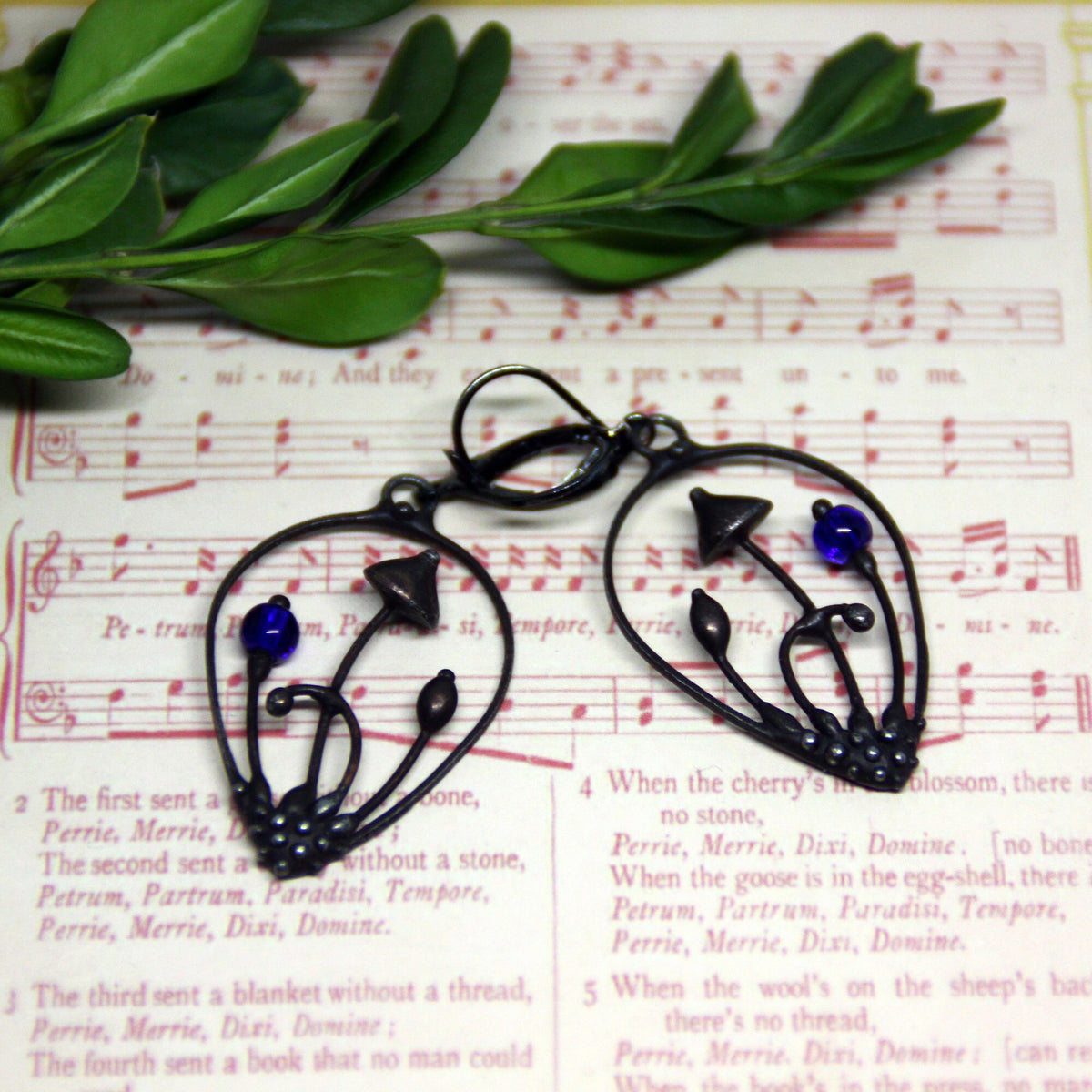 Blue Glass Mushroom Drop Earrings – Blackened Copper