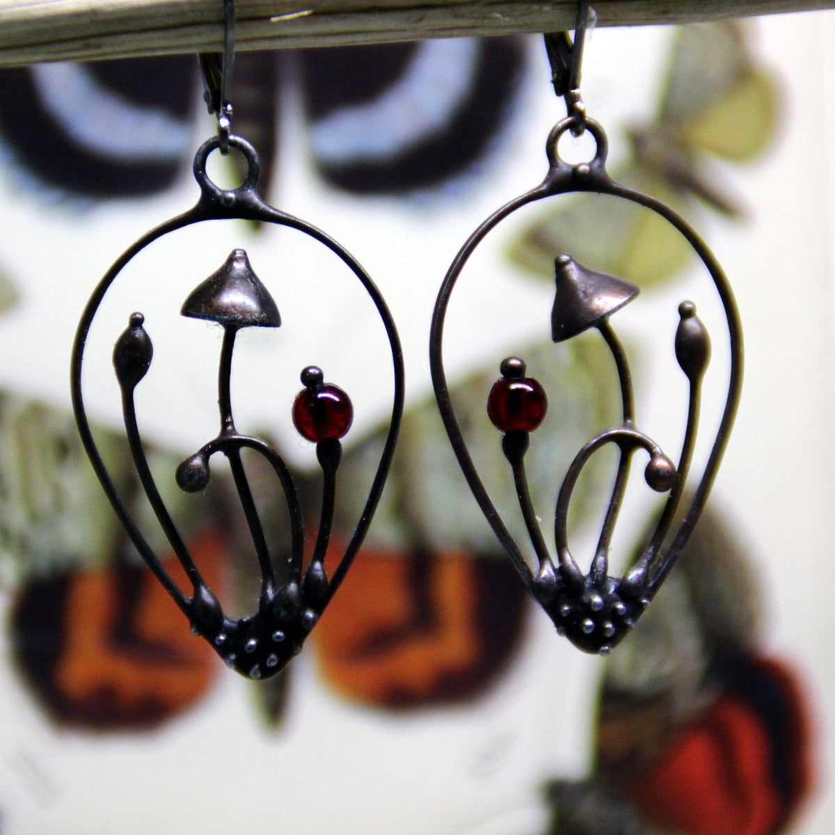 Deep Red Glass Mushroom Teardrop Earrings – Blackened Copper