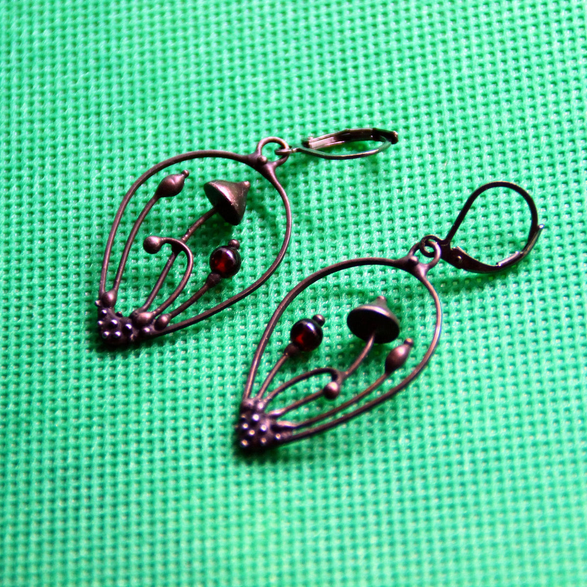 Deep Red Glass Mushroom Teardrop Earrings – Blackened Copper