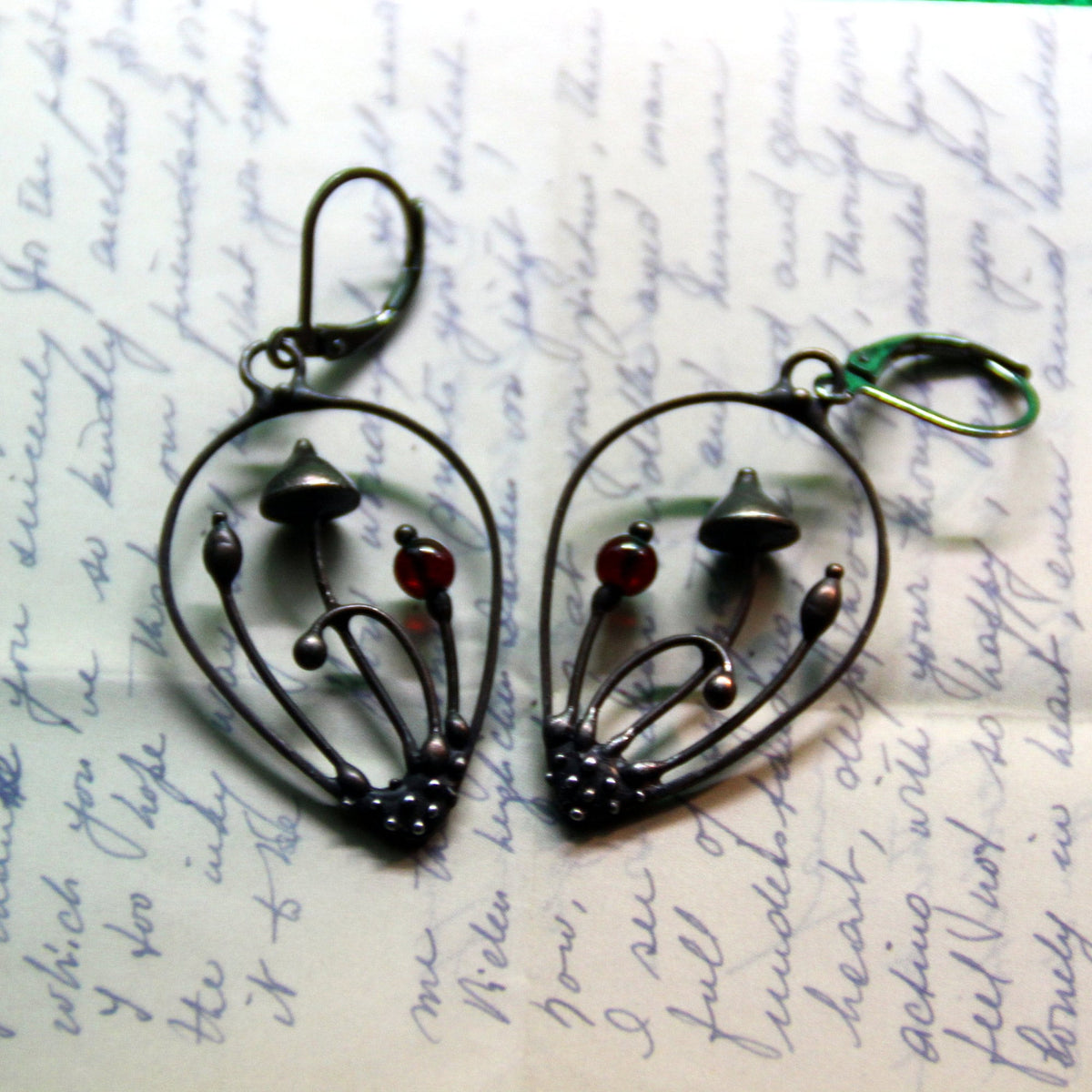 Deep Red Glass Mushroom Teardrop Earrings – Blackened Copper