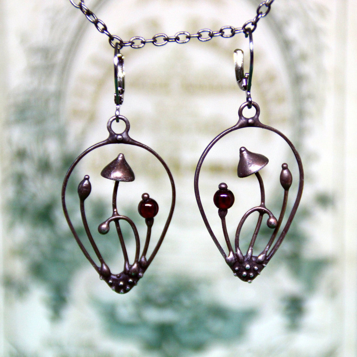 Deep Red Glass Mushroom Teardrop Earrings – Blackened Copper