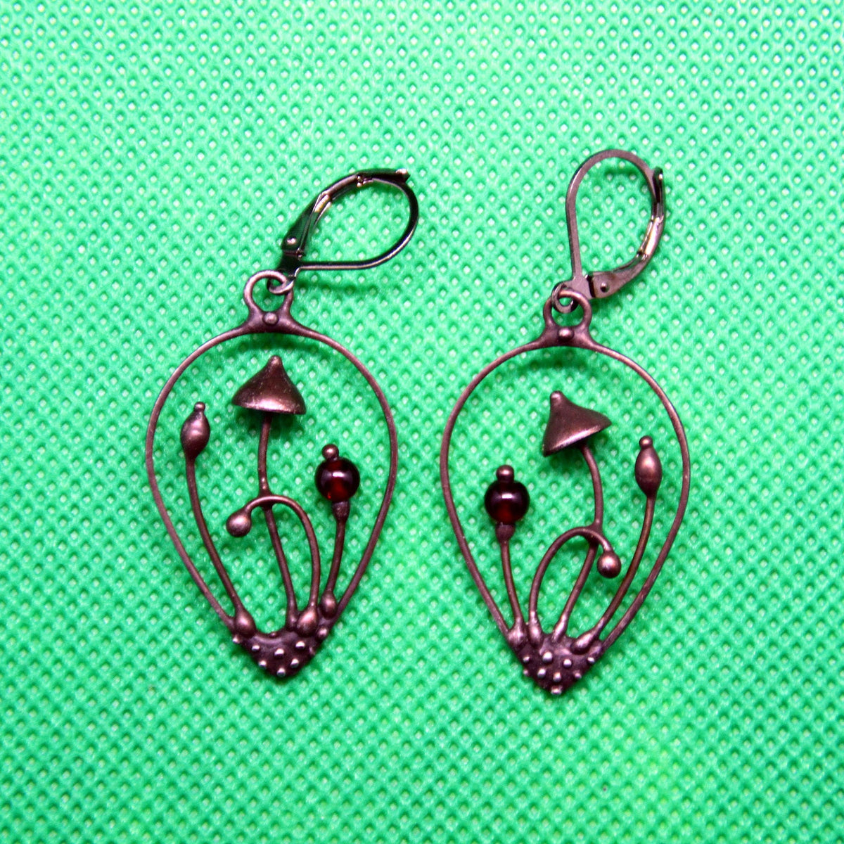 Deep Red Glass Mushroom Teardrop Earrings – Blackened Copper