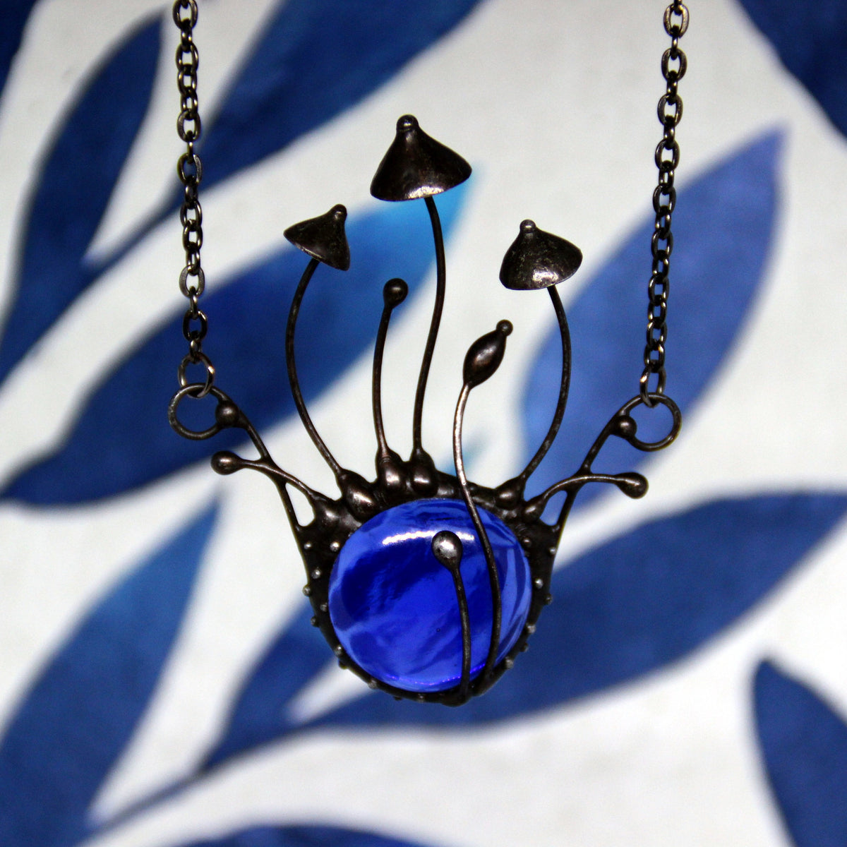 Blue Glass Mushroom Necklace – Blackened Copper Forest Centerpiece – Botanical