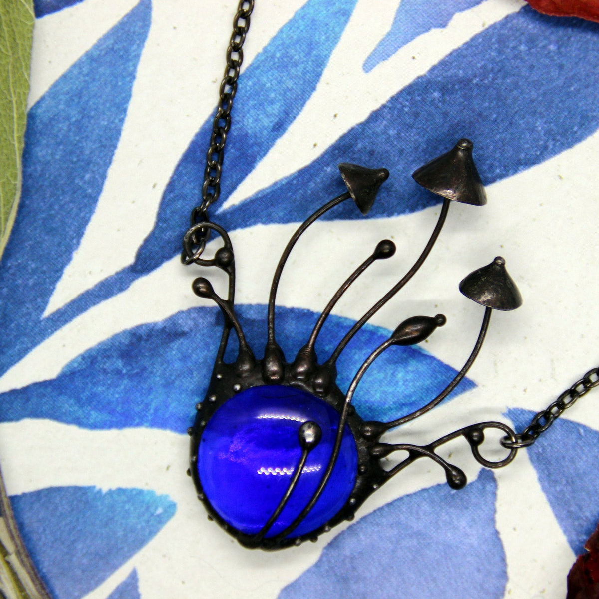 Blue Glass Mushroom Necklace – Blackened Copper Forest Centerpiece – Botanical