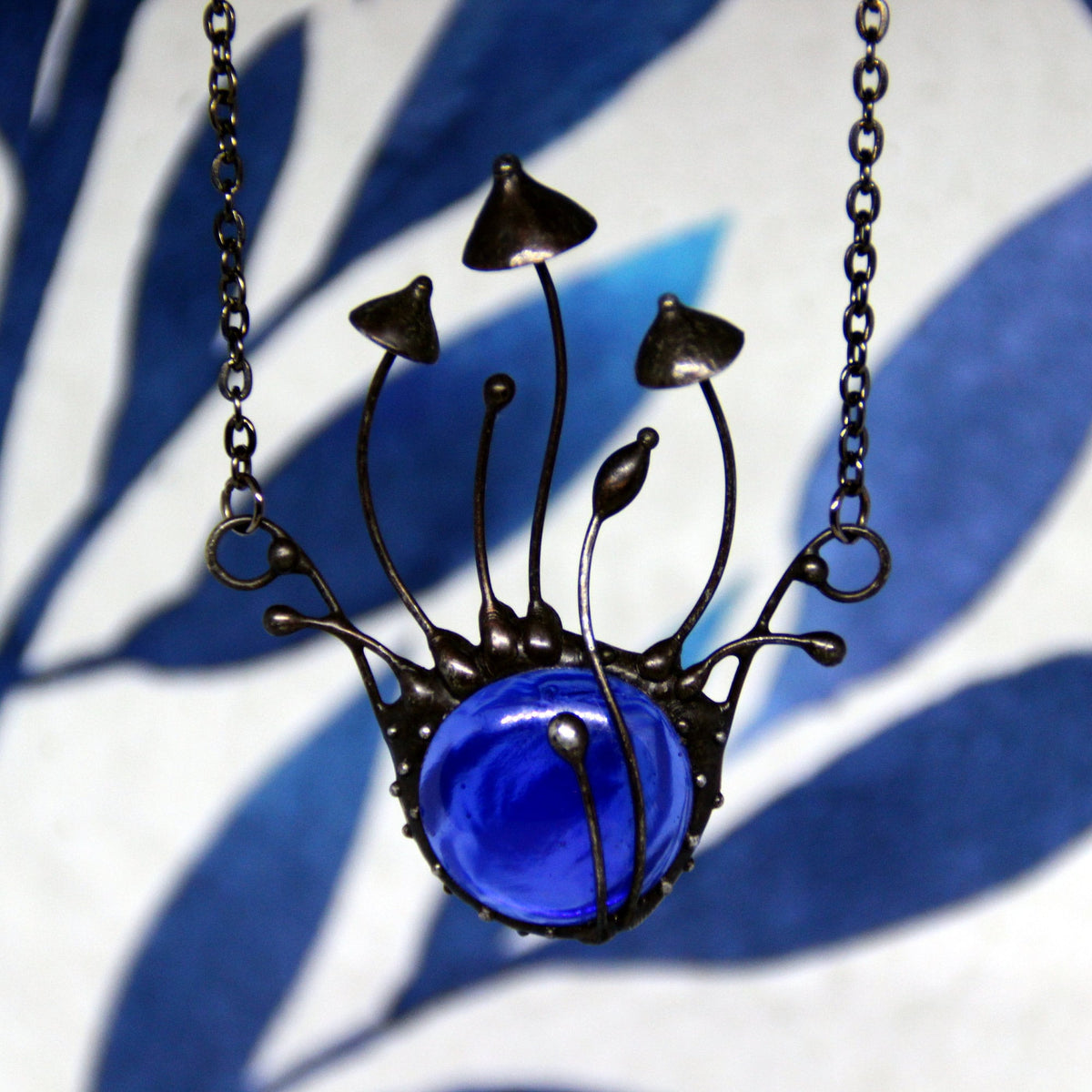 Blue Glass Mushroom Necklace – Blackened Copper Forest Centerpiece – Botanical