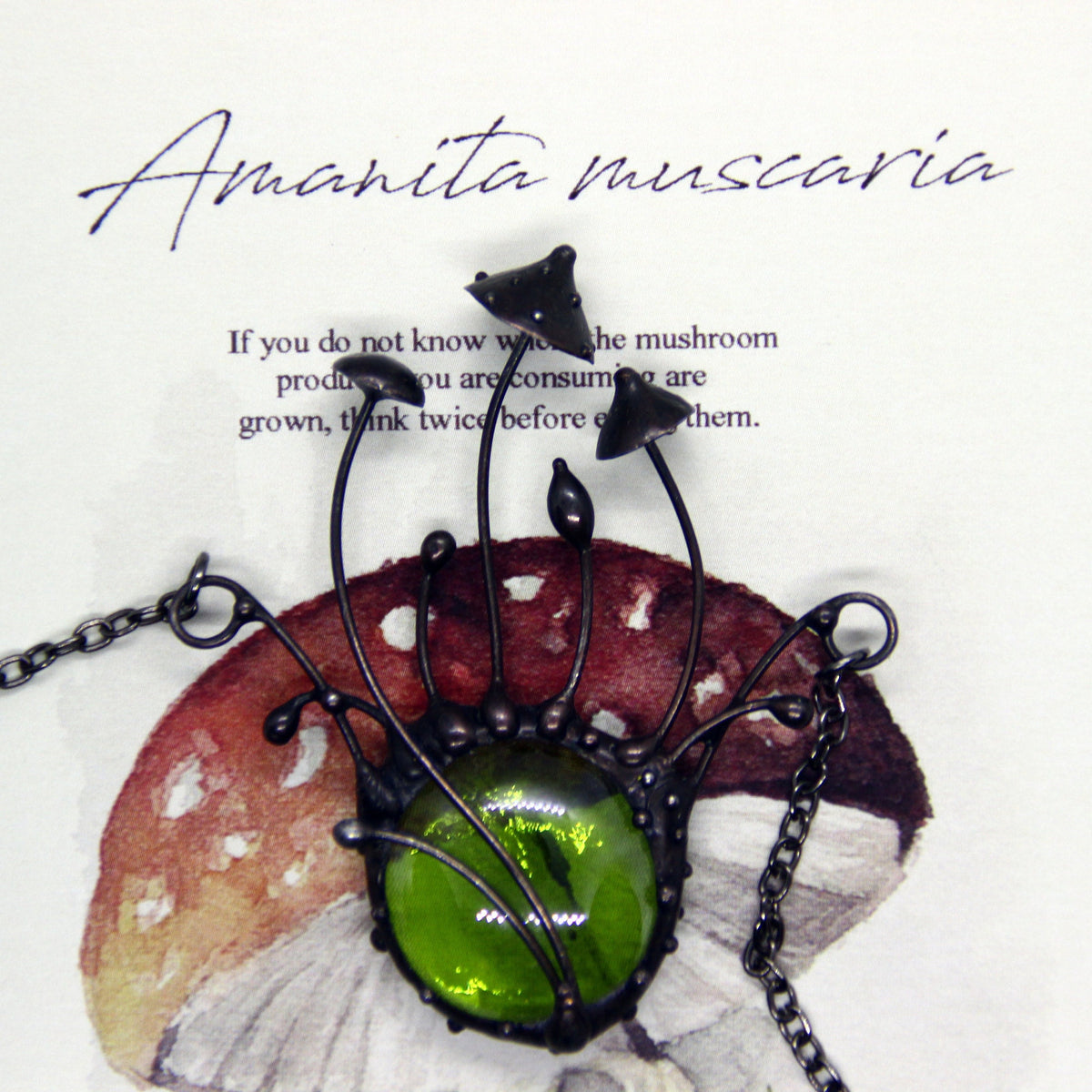 Green Glass Amanita Mushroom Necklace – Blackened Copper Forest – Botanical Statement Necklace