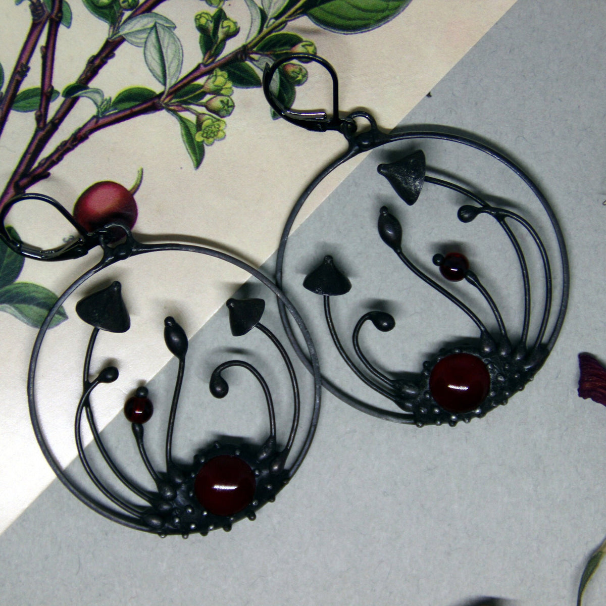 Red Glass Mushroom Hoop Earrings – Blackened Copper Forest Dangles – Botanical