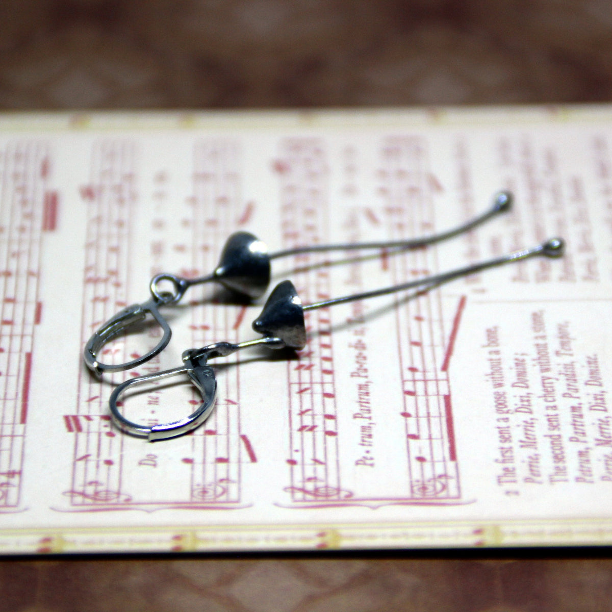 Silver Mushroom Earrings – Long Copper & Pewter Dangles – Minimalist Forest