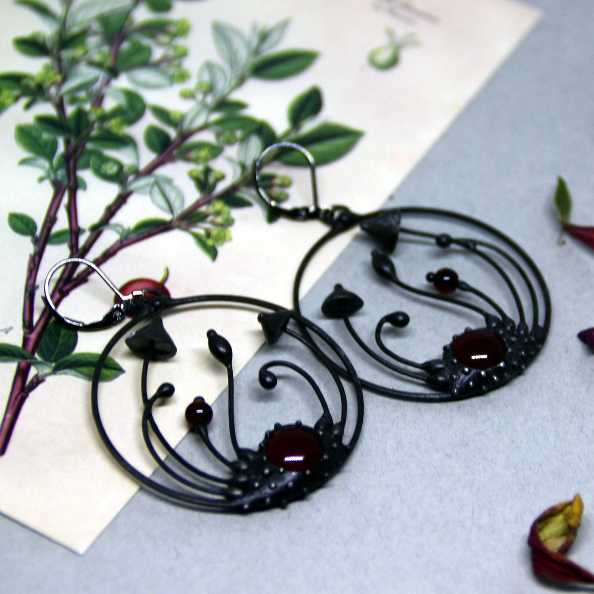 Red Glass Mushroom Hoop Earrings – Blackened Copper Forest Dangles – Botanical